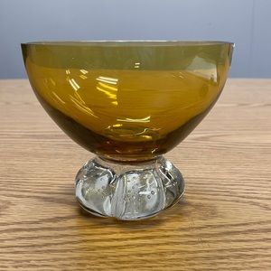 Vintage Amber Yellow Art Glass Decorative Bowl with Clear Controlled Bubble Base